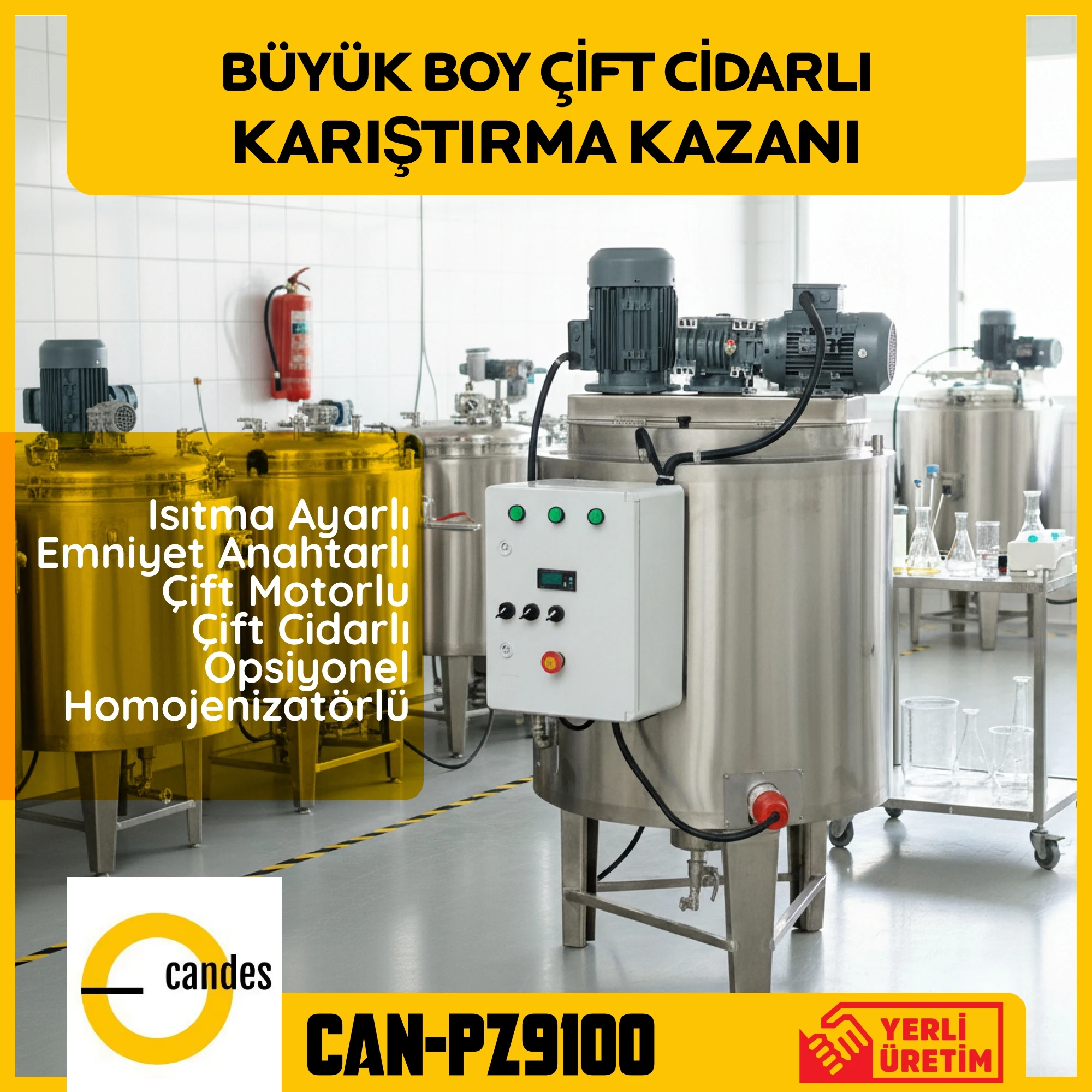 Candes CAN-PZ9100 200 LT Paslanmaz Çift Cidarlı Kozmetik Karıştırma Kazanı